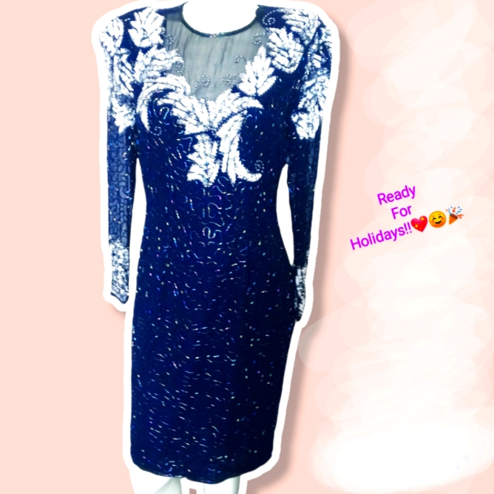 Elegant Dress formal event Dark Blue and Silver, long sleeves Sequins.
